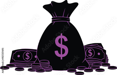 A black money bag silhouette with dollar signs and coins on a purple background on transparent background high quality professional detailed