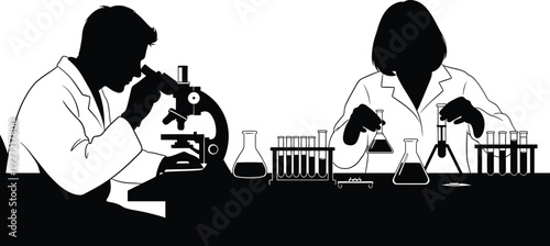 Two scientists working in a laboratory setting examining samples with microscopes on transparent background silhouette high quality professional detailed modern elegant