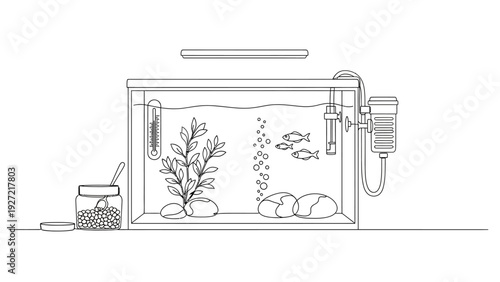 Minimalist line art illustration of a home aquarium setup.