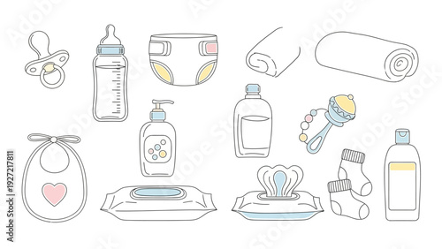 Collection of essential baby care items on a clean white background.