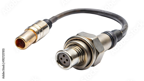 Engine lambda sensor probe with threaded connector and flexible cable on sleek metallic finish isolated on a transparent background