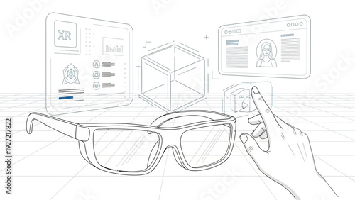 Human hand interacts with extended reality interface and smart glasses concept
