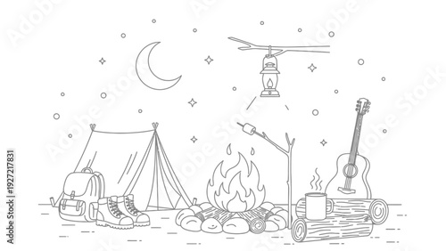 A serene night camping scene with a warm campfire under a starry sky.