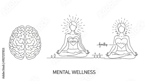 Mental wellness and mindful meditation vector illustration.
