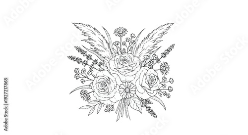 Black and white floral arrangement with roses and feathers flowers