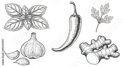 Black and white of chili pepper basil garlic and ginger herbs
