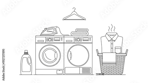 Modern laundry room with appliances, iron, and clothes basket.