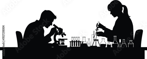 Two scientists working in a laboratory setting with equipment glassware and microscopes on transparent background silhouette high quality professional detailed modern