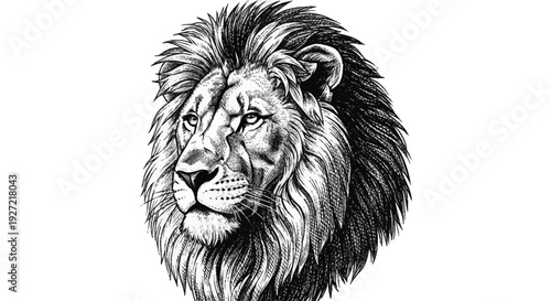 Black and white of a lion's head with a large mane animal
