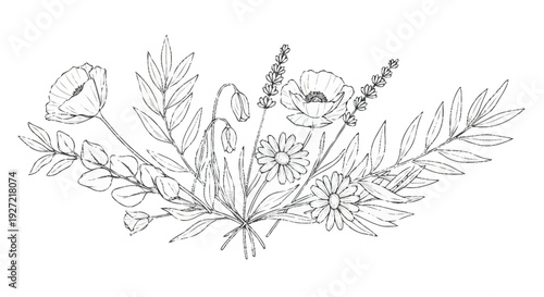 Black and white of flowers and leaves arranged in a bouquet poppies