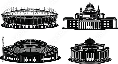 Black and white silhouette illustration depicting four distinct buildings including a stadium and classical architecture on transparent background high quality professional