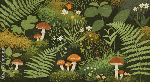 Cluster of Mushrooms in Green Foliage.