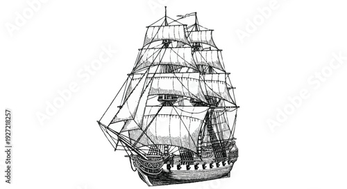 Black and white of a sailing ship with multiple masts and billowing sails nautical