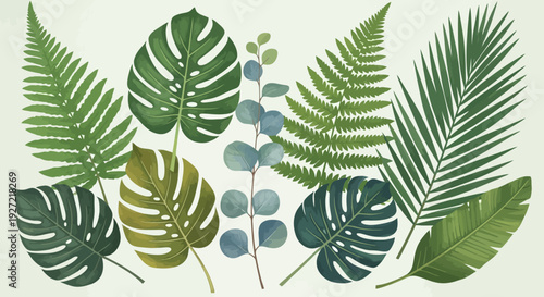 Collection of various green tropical leaves illustration.