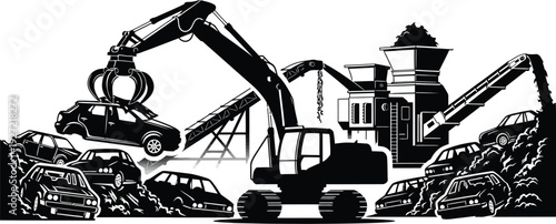 Industrial machinery silhouette of a wrecking machine processing crushed cars and debris on transparent background high quality professional detailed modern elegant