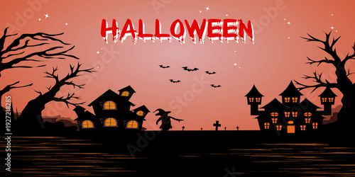 Dark haunted house silhouette with bats and spooky trees at night. Halloween horror background illustration ideal for posters, party flyers, banners, social media and seasonal promotions.