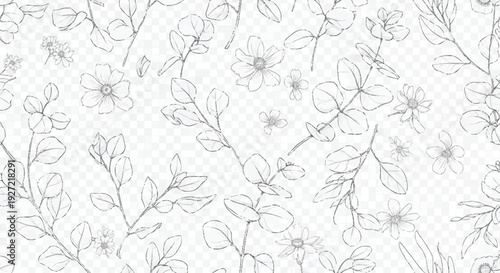 Black and white floral pattern with flowers and leaves on transparent background