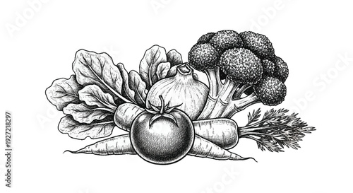 Black and white of vegetables including broccoli carrots and tomato