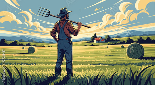 Farmer Standing in Field with Pitchfork.