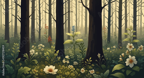 Forest Floor with White Flowers and Trees.