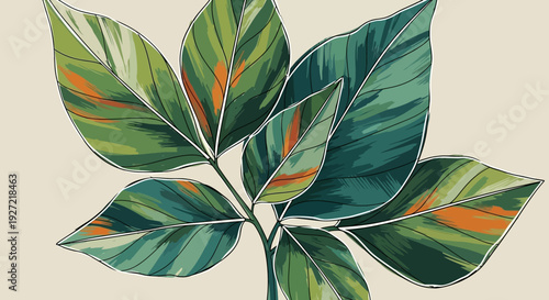 Green Leaves with Orange Highlights on Stem.