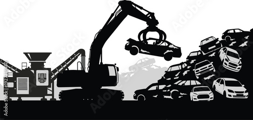 Industrial recycling scene featuring a large crane lifting a car over a pile of scrap vehicles on transparent background silhouette