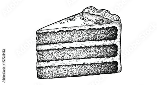 Black and white of a slice of layered cake with frosting slice of cake