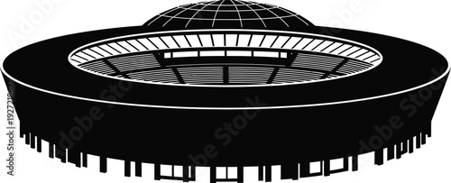 Black and white silhouette of a futuristic domed stadium structure on transparent background a modern architectural design high quality professional detailed