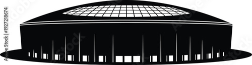 Black silhouette of a large domed stadium building with windows and columns on transparent background showcasing a modern architectural design