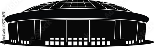 Black silhouette of a large modern stadium building with a domed roof and tiered seating on transparent background high quality professional