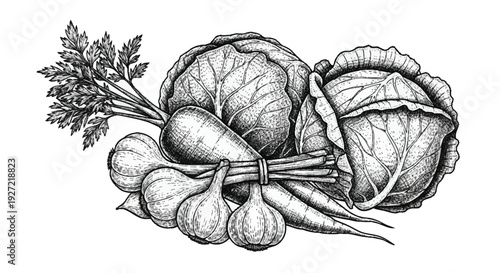 Bunch of vegetables including cabbage carrots and turnips