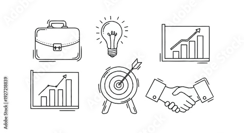 Business strategy briefcase handshake target lightbulb graphs