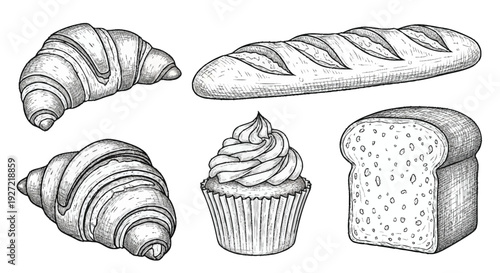 Black and white of assorted baked goods including two croissants a baguette a cupcake and a