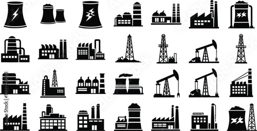 A collection of industrial icons depicting power plants factories refineries and related structures presented as a silhouette on transparent background