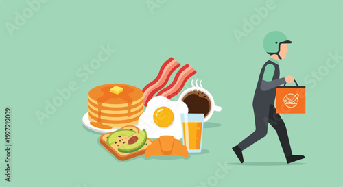A delivery person carrying an orange food bag approaches a delicious spread of breakfast items including pancakes, bacon, egg, avocado toast, croissant, coffee, and orange juice.