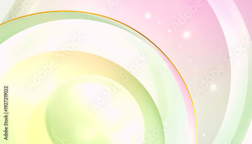 A soft pastel abstract background with overlapping translucent circular arcs in green, yellow, and pink, accented by a thin gold line and subtle glowing sparkles.
