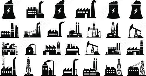 A collection of industrial icons depicting factories power plants oil rigs and various infrastructure elements on transparent background silhouette high quality