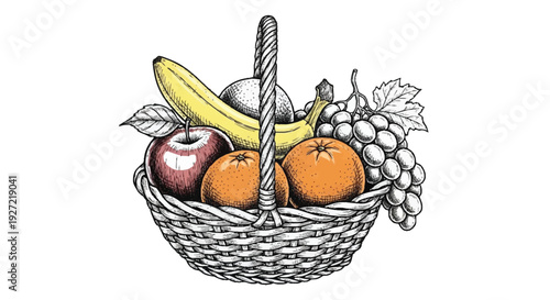 Woven basket filled with fresh fruit including bananas apples oranges and grapes