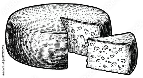 Cheese wheel with two slices cut out sliced cheese black and white food
