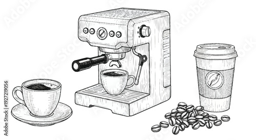 Coffee machine with cups and beans espresso machine coffee cups 1 coffee beans takeout cup