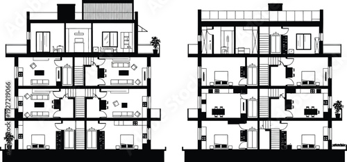 Detailed black and white architectural cross section illustration of a multi story building showcasing interior layout on transparent background silhouette high quality professional