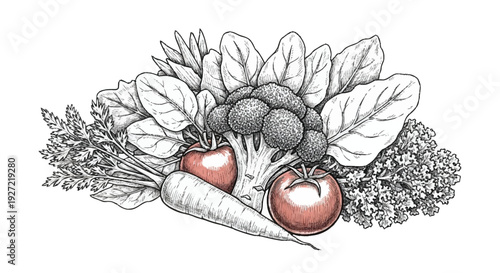 Vegetables including broccoli carrots tomatoes kale and leafy greens