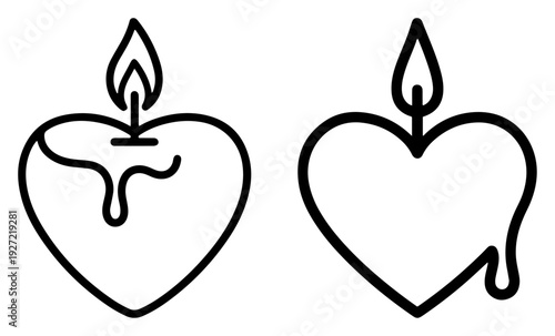 Two burning heart shaped candles with flames and melting wax linear vector illustration