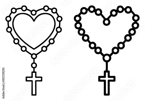 Christian rosary beads arranged in a heart shape with a cross symbol
