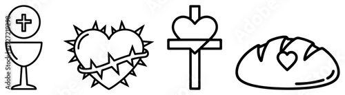 Set of christian religious outline icons including chalice sacred heart and holy bread