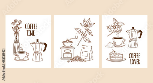 Coffee Love Vintage Illustration Set – Hand-Drawn Café Brewing Art Collection