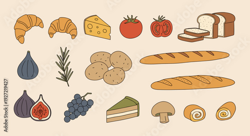 Colorful Bakery and Fresh Food Illustration Set – Hand-Drawn Bread, Fruits and Vegetables Collection