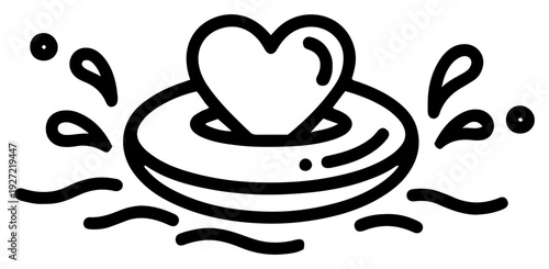 Lifebuoy ring floating in water with splashes and heart shape inside