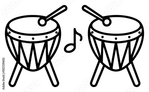 Two linear drum icons with drumsticks and music note symbol