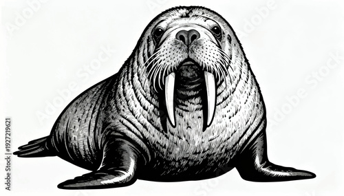 A flat vector black and white illustration of a walrus drawn with graphite pencils on a white background.